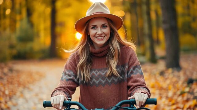 Young woman riding bicycle in autumn park with golden leaves and warm sunlight smiling happily enjoying outdoor activity with hat and sweater
