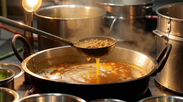 Traditional Sikh Langar Preparation Soup being Poured During Guru Nanak Jayanti Festival in India
