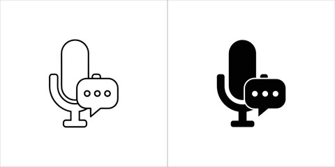 Two icons of a microphone with a speech bubble, one outlined and one solid black