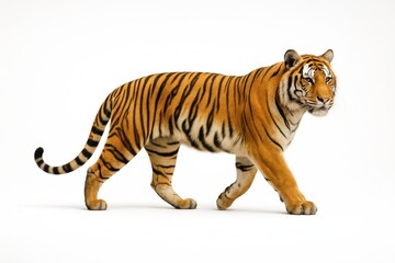 Fototapeta premium Large Bengal tiger full body side profile mid step front paw lifted tail gently curved studio isolated on white