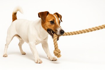 Fototapeta premium Jack Russell Terrier lively tug stance holding a plain rope toy between teeth paws planted tail up three quarter angle