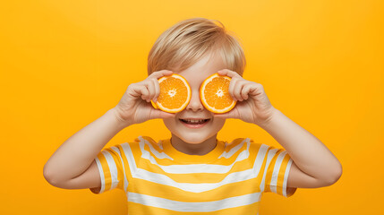 Playful child holding orange slices over eyes and smiling joyfully against bright yellow background, expressing fun, freshness, and healthy lifestyle with vibrant citrus color and cheerful energy
