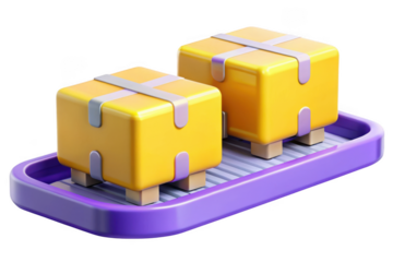 3d rendered yellow delivery boxes on purple conveyor belt, shipping and packaging concept, stock image, isolated on transparent background