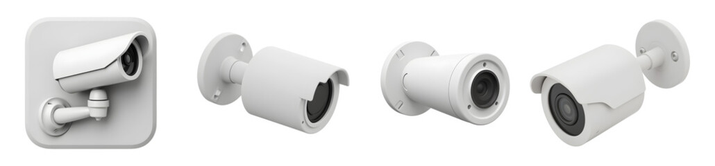 Set of five white security shield icons with keyhole lock and padlock symbols in 3D design