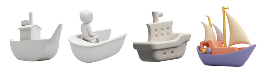 Set of four cartoon boats including sailboat steam ship and figure in bathtub 3D render