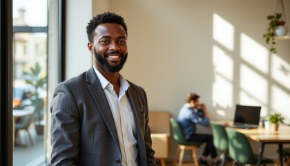 Naklejka premium Confident African American Man Smiling in Modern Office with Natural Light and Professional Atmosphere