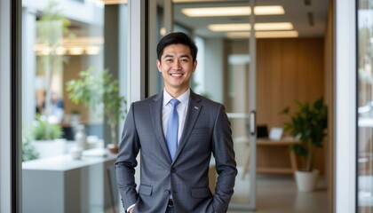 Confident young businessman in suit standing in modern office environment with bright natural light