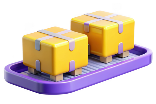 3d rendered yellow delivery boxes on purple conveyor belt, shipping and packaging concept, stock image, isolated on transparent background
