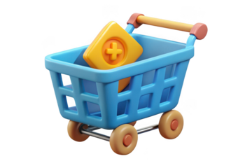 3d render shopping cart with plus sign icon, e-commerce, online shopping, retail, business, marketing, blue, yellow, isolated on transparent background