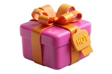 3d pink gift box with orange ribbon and hot tag, present for birthday, celebration, party, isolated on transparent background