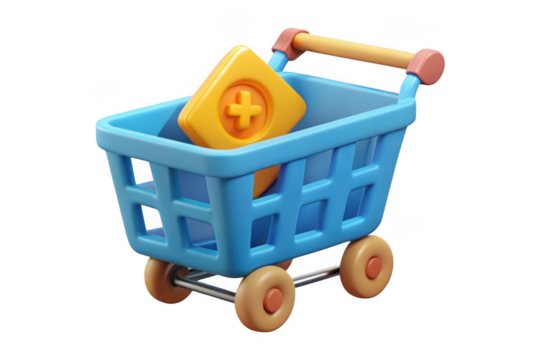 3d render shopping cart with plus sign icon, e-commerce, online shopping, retail, business, marketing, blue, yellow, isolated on transparent background