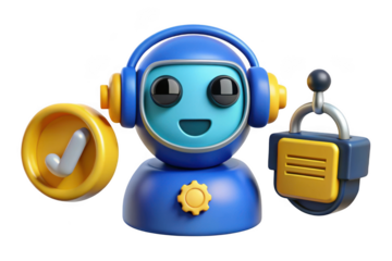 3d robot assistant with headphones, checkmark, and lock icon - customer support, ai, automation, security - isolated on transparent background