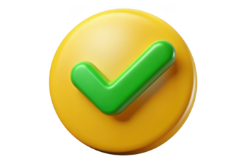 3d rendered yellow circle with green check mark icon symbol sign tick approval success confirmation isolated on transparent background