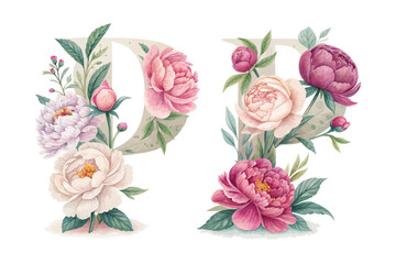 Floral Letter P Watercolor Monogram with Flowers vector illustration