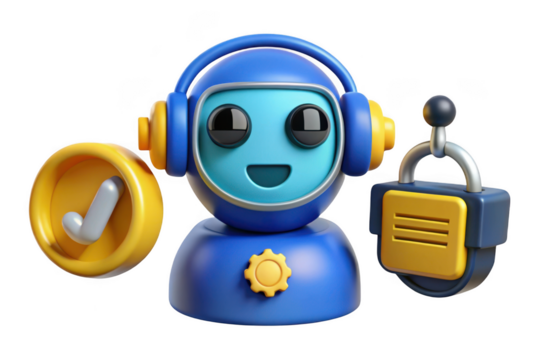 3d robot assistant with headphones, checkmark, and lock icon - customer support, ai, automation, security - isolated on transparent background