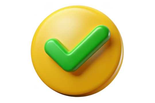 3d rendered yellow circle with green check mark icon symbol sign tick approval success confirmation isolated on transparent background