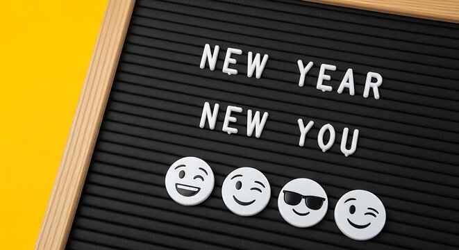 New year new you message on a black letter board with fun emoji faces including sunglasses and winking expressions against a bright yellow background symbolizing fresh starts and positive change