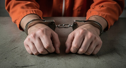 A prisoner, wearing orange jumpsuit and hand in handcuffs, sits at a weathered table in what looks like a prison.