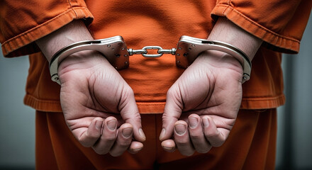 A person is in custody, and their hands are bound by cold, steel handcuffs, their orange prison jumpsuit a stark symbol of confinement and legal repercussions.