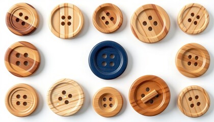 Fototapeta premium Assorted Wooden Buttons in Various Shapes and Colors on White Background for Craft and Sewing Uses