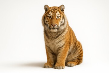 Obraz premium Large tiger seated threequarter angle calm pose on white showing stripes alert ears and gentle head tilt ideal for wildlife education conservation themes and zoo or nature editorial use