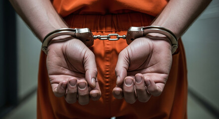 A prisoner's hands clasped behind back in handcuffs, dressed in an orange jumpsuit, symbolizing confinement and captivity.