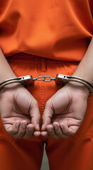 A person in an orange jumpsuit is restrained with handcuffs. Capturing the sense of confinement and struggle.
