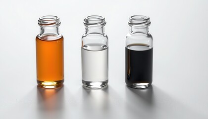 Variety of Three Glass Bottles Containing Liquid Samples on White Background in Minimalist Style