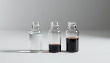Clear and Dark Liquid in Glass Bottles on Minimalist Background with Soft Lighting and Smooth Shadows