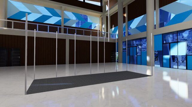 3D animation of exhibition booth phasing build-up. Modern trade show booth setup visualization showing frame, wall panels, and lighting structure in clean minimal indoor hall environment.