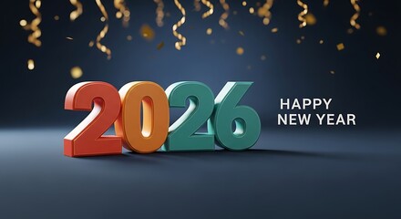 Vibrant 3d numbers 2026 in red and teal stand proudly on a dark surface with golden confetti falling from above and happy new year text on the side