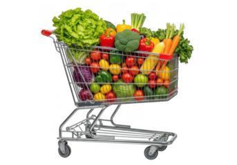 Shopping cart full of fresh vegetables, fruits, groceries, healthy food, produce, market, supermarket isolated on transparent background