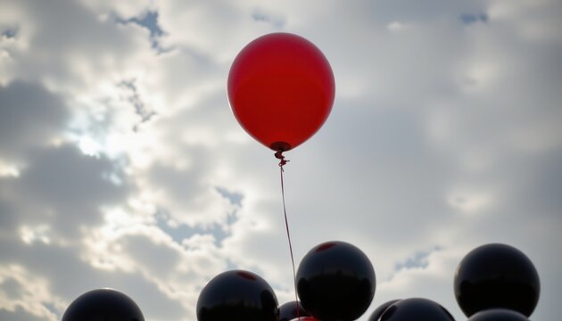 Single Red Balloon Floating Among Black Balloons Under Dramatic Cloudy Sky
