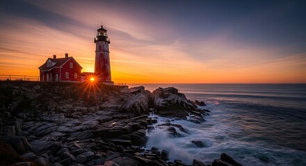 Dramatic Lighthouse Beacon at Sunset - Coastal Majesty with Vibrant Sky and Crashing Waves.