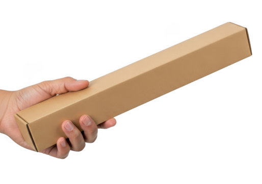 Hand holding long rectangular cardboard box package mockup, delivery parcel in hand, isolated on transparent background - Powered by Adobe