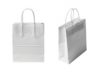 Two white paper shopping bags mockup, retail, gift, merchandise, grocery bag, blank, empty, handle, isolated on transparent background