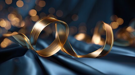 Gold ribbon on dark blue satin with bokeh