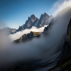 Dramatic Mountain Peaks Piercing Swirling Clouds Under Clear Blue Sky.