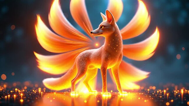 Magical Fox Creature With Nine Glowing Orange Tails in a Dark Fantasy Forest With Particles Of Light And A Ring Of Fire Around Its Body