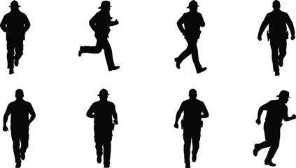Silhouette collection of firefighters running and walking, emergency rescue workers in motion, safety profession illustration, hero teamwork concept, and fire service design