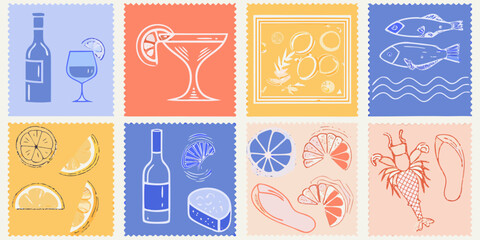 A playful collection of hand drawn illustrations featuring summer themes like drinks citrus fruits fish and a whimsical mermaid