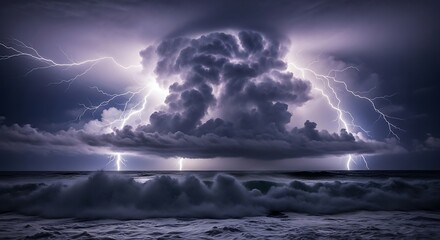 Dramatic Lightning Storm Over Ocean - Intense Clouds, Electric Display, Dark Sky.