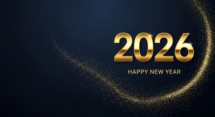 Golden 2026 text with a sparkling light trail and happy new year message on a dark blue background representing celebration and new beginnings