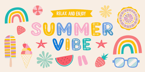Bright and cheerful summer vibe graphic with fun illustrations and colorful lettering