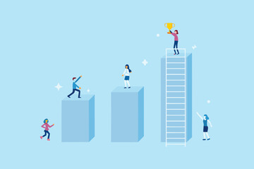 Diverse business people climbing stairs and ladders towards success and victory with a trophy