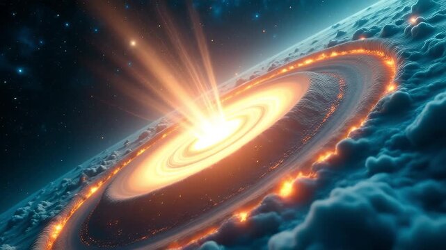Spectacular Cosmic Phenomenon With Swirling Orange Accretion Disk And Bright Starburst Energy Blast Exploding From Center With Nebula Clouds And