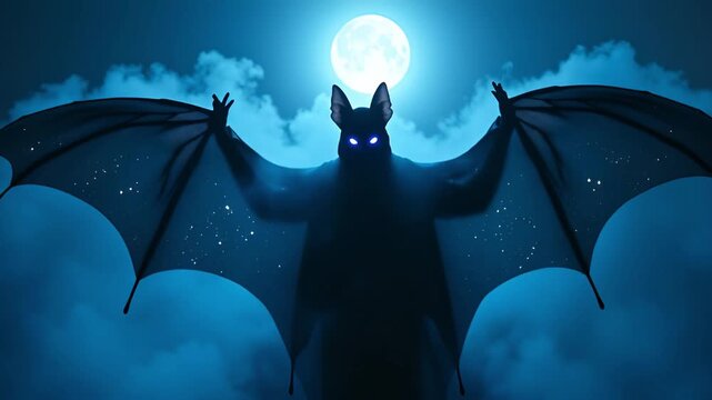 Mysterious Silhouette Of A Bat Creature With Glowing Blue Eyes Hovering In The Night Sky Under A Full Moon With Wispy Clouds And Subtle Stars