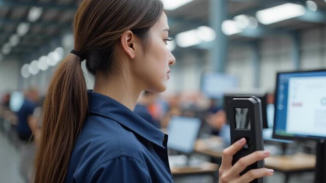 Woman using handheld device and barcode scanner in modern office and industrial workspace with computer screens, technology, and business environment