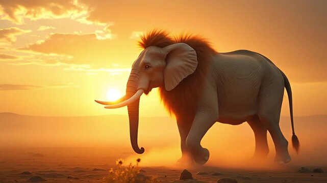 Majestic Elephant Walks Through Desert Landscape During Golden Hour Sunset With Dust Clouds Rising