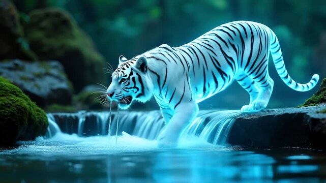 Majestic White Tiger Drinks from a Bioluminescent Waterfall in a Lush Forest at Dusk with Glowing Blue Water and Green Mossy Rocks